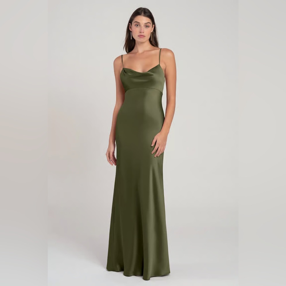 Jenny Yoo Olive Green Satin Slip Gown